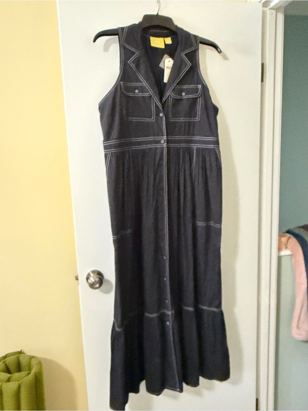 Anthropologie Black Sleeveless Maxi Dress with White Topstitching